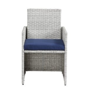9-piece-gray-wicker-dining-chair-front-view Front view of gray wicker dining chair with blue cushion from 9-piece patio dining set