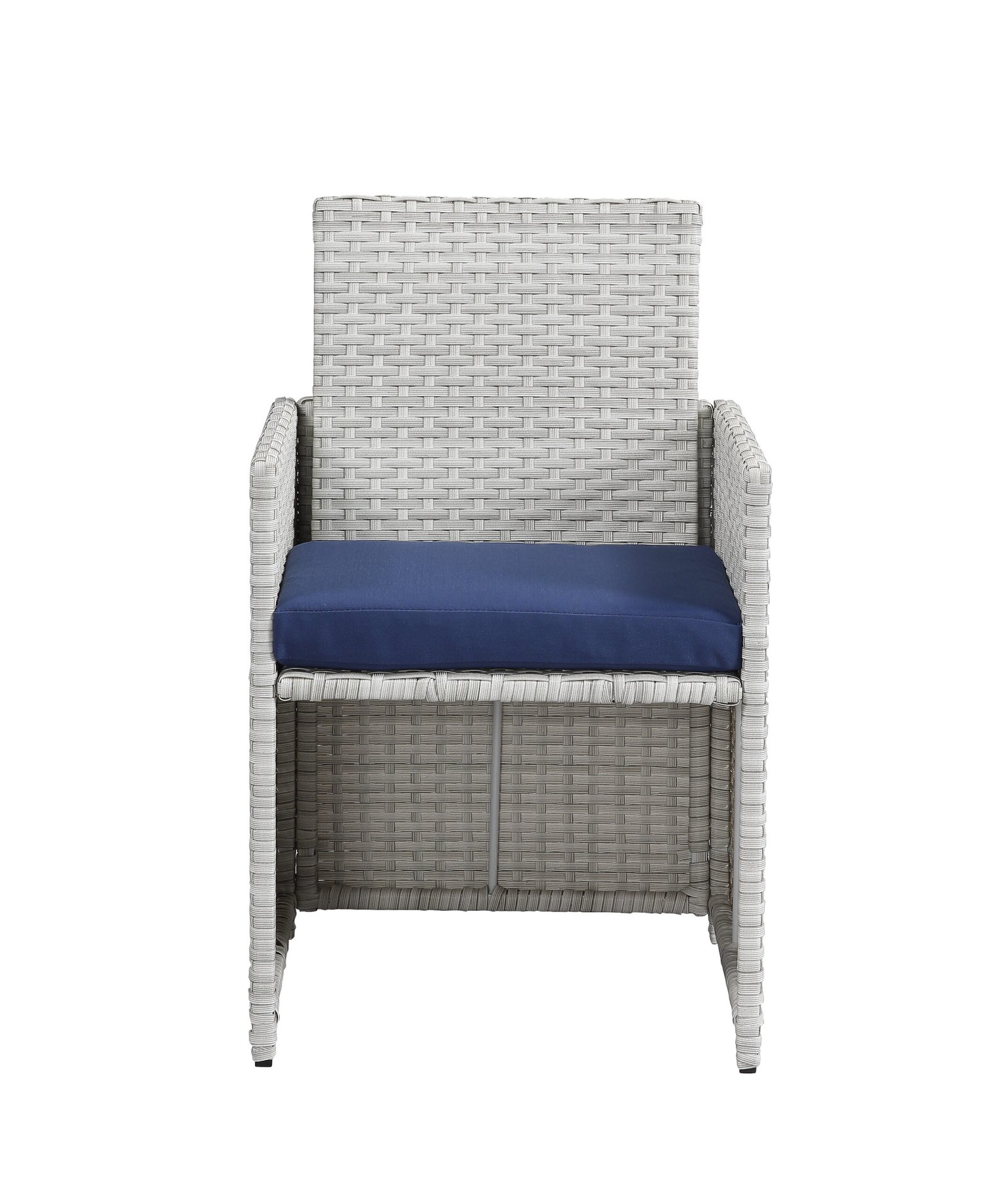 Front view of gray wicker dining chair with blue cushion from 9-piece patio dining set