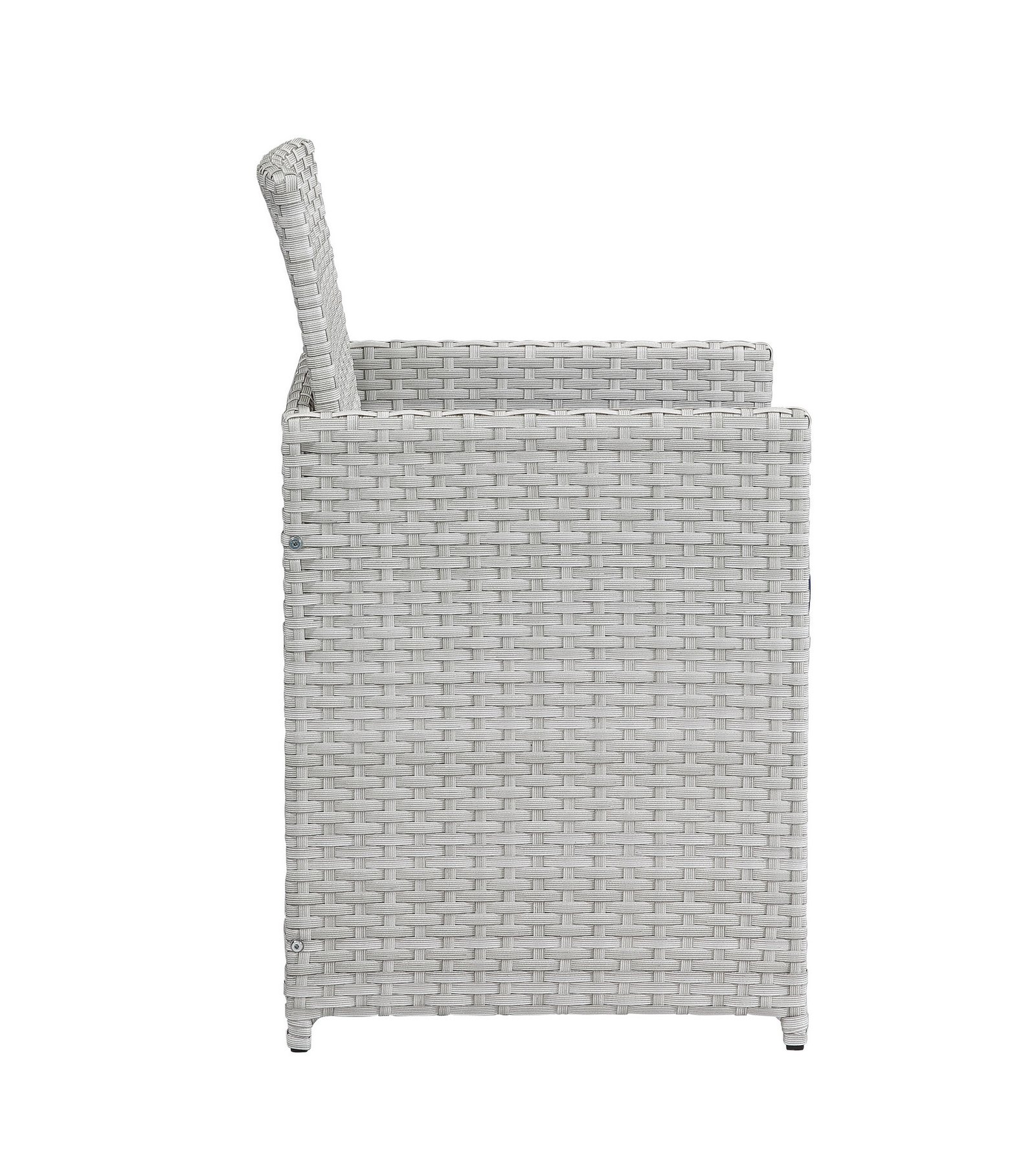 Side view of gray wicker dining chair with blue cushion from 9-piece patio dining set