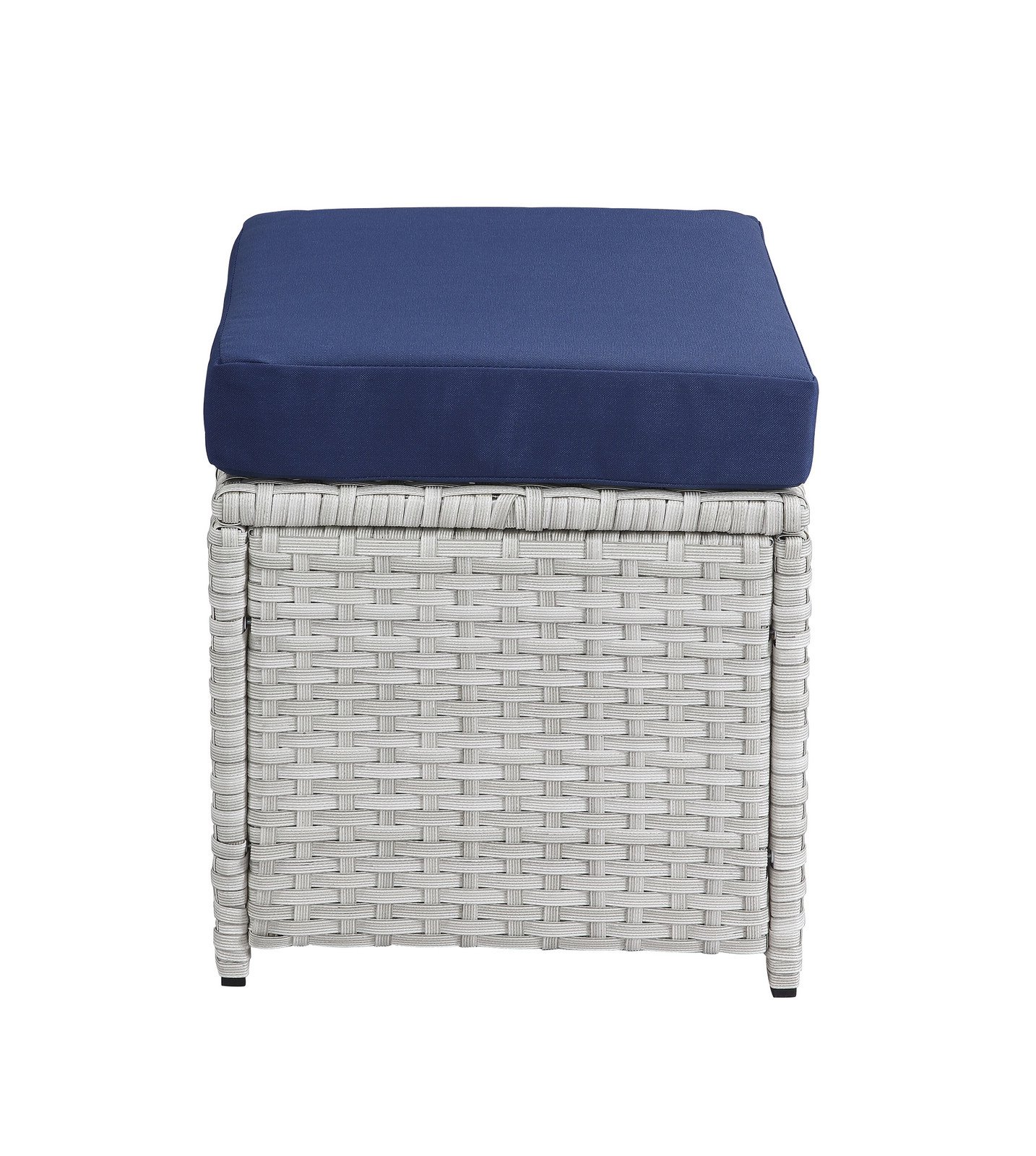Front view of gray wicker ottoman with blue cushion from 9-piece patio dining set