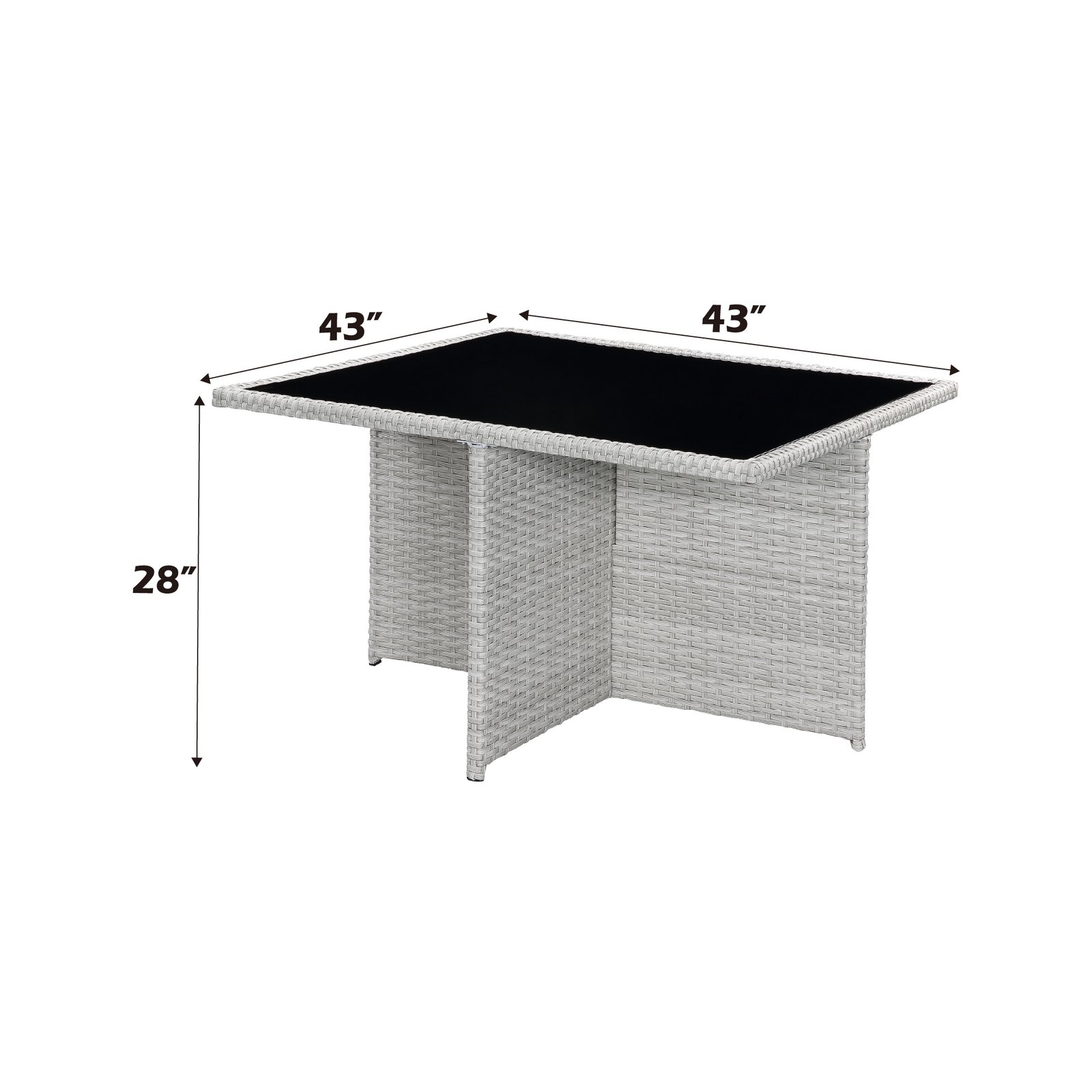 Dimensions of gray wicker dining table from 9-piece patio dining set with glass top