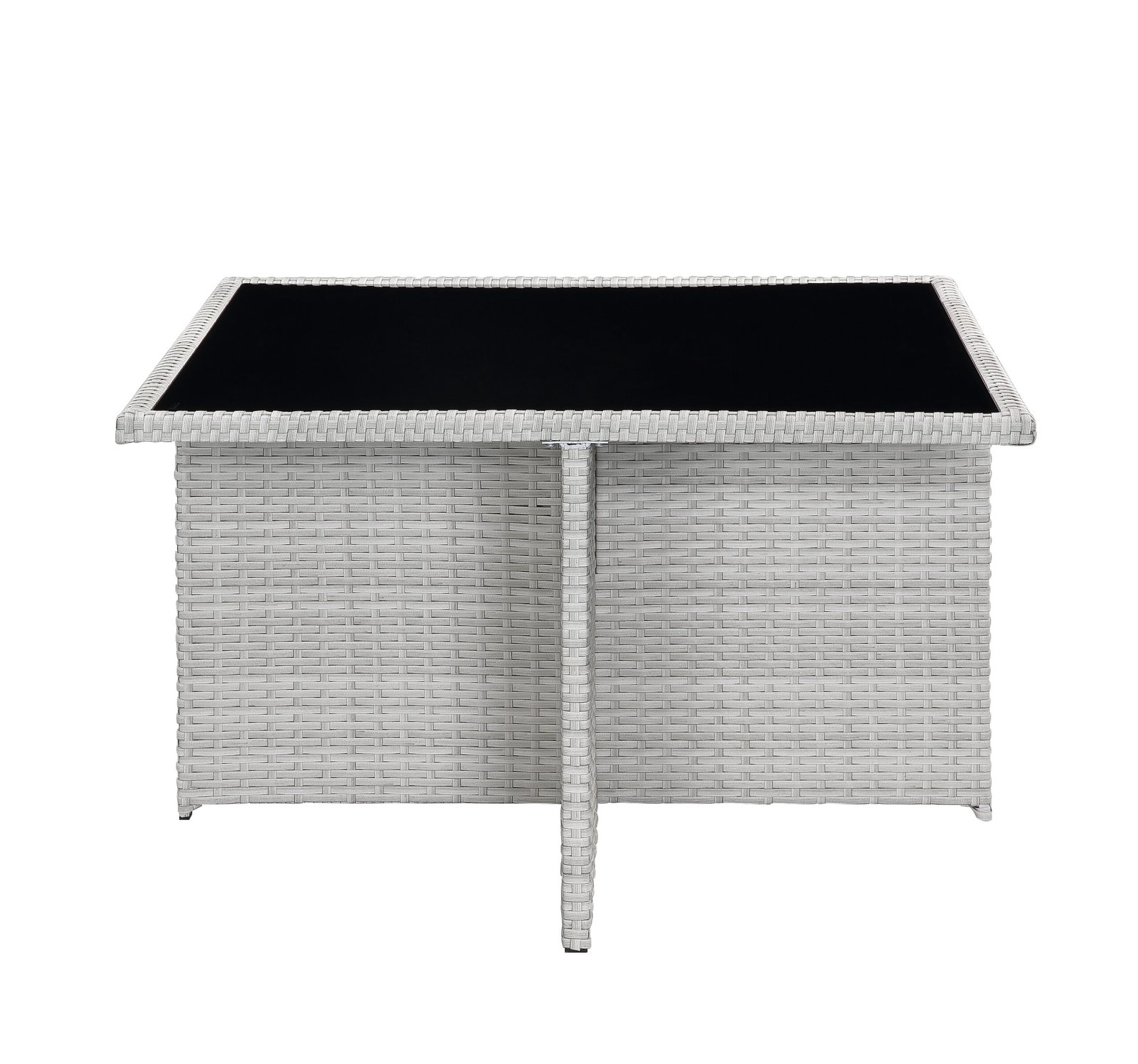 Side view of gray wicker dining table from 9-piece patio dining set with glass top