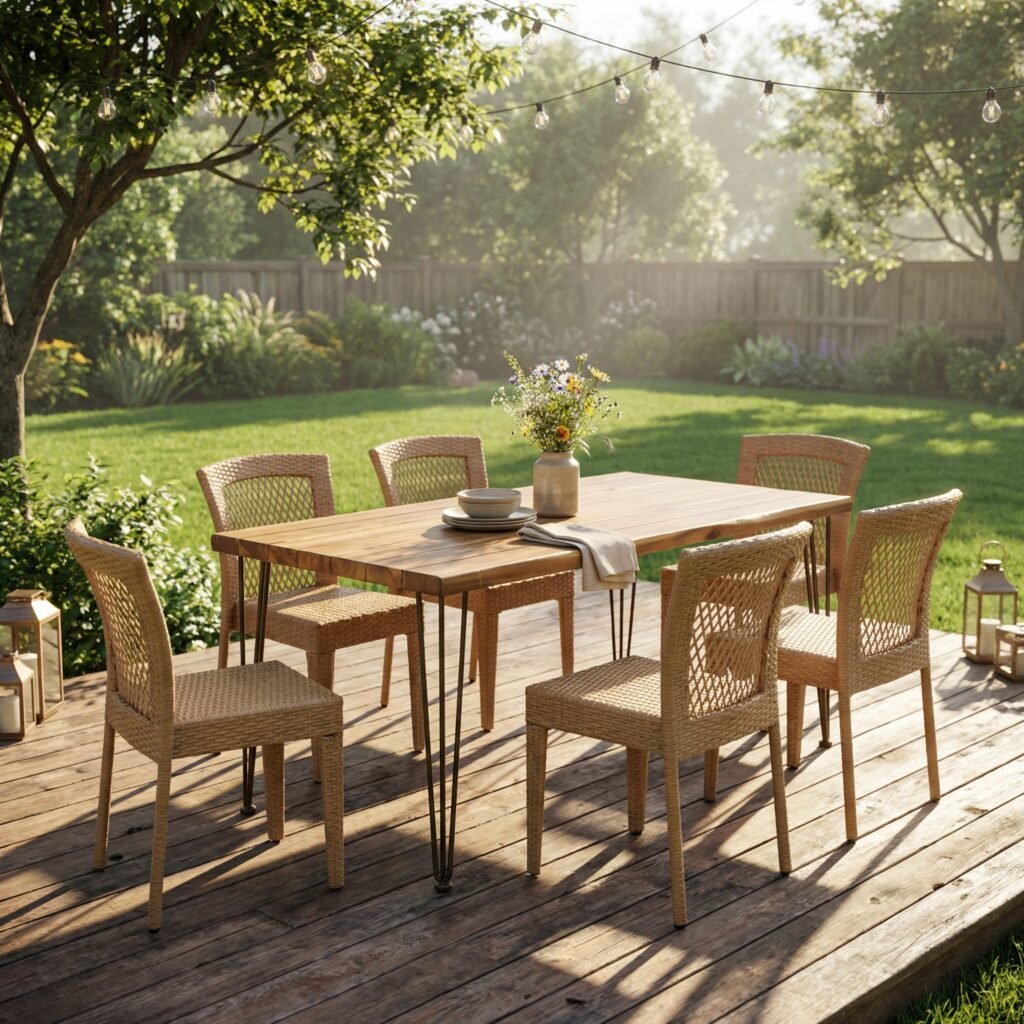 6-person outdoor rattan dining set styled for backyard gatherings with string lights and floral centerpiece