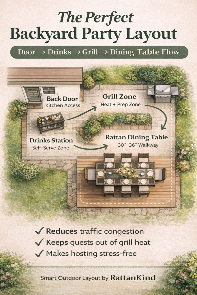Backyard party layout diagram showing door to drinks station to grill to rattan dining table flow for smooth hosting movement