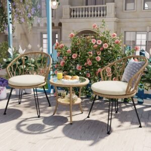 beige-rattan-balcony-breakfast-patio-set Beige rattan patio set for 2 on sunny terrace with breakfast on table and teapot on lower shelf