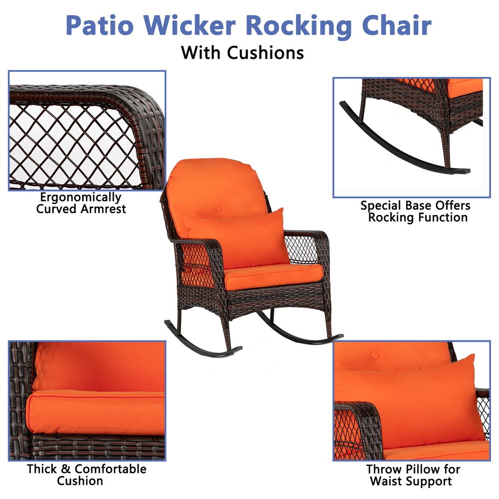 Detail features of brown outdoor wicker rocking chair including curved armrests, rocking base, thick cushions, and waist support pillow