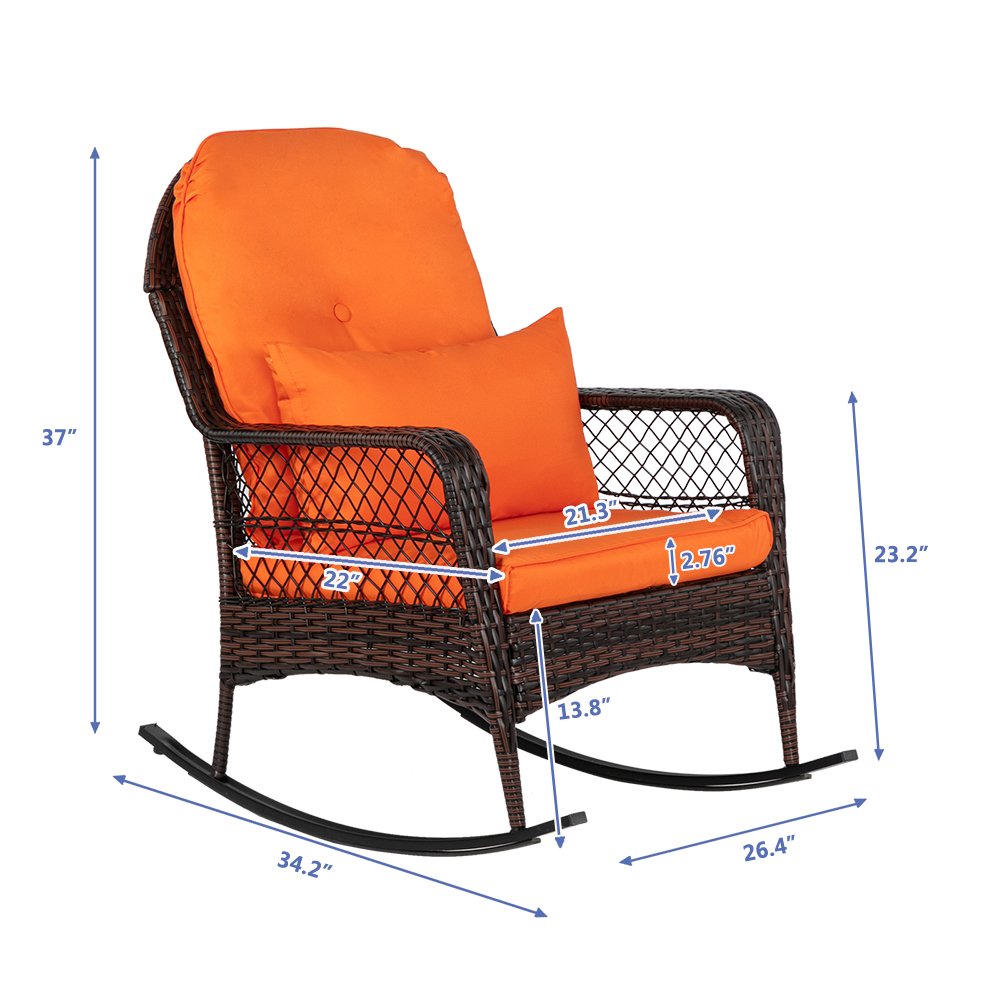 Dimensions of brown outdoor wicker rocking chair with overall and seat measurements
