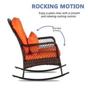 Brown outdoor wicker rocking chair with smooth back-and-forth rocking motion