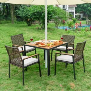 coffee-brown-wicker-dining-set-umbrella-dining-scene Coffee brown wicker dining set under patio umbrella with wine, pizza, and outdoor table setting