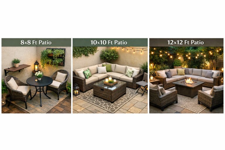 Rattan furniture layouts for small patios, showing different outdoor seating arrangements for various patio sizes.
