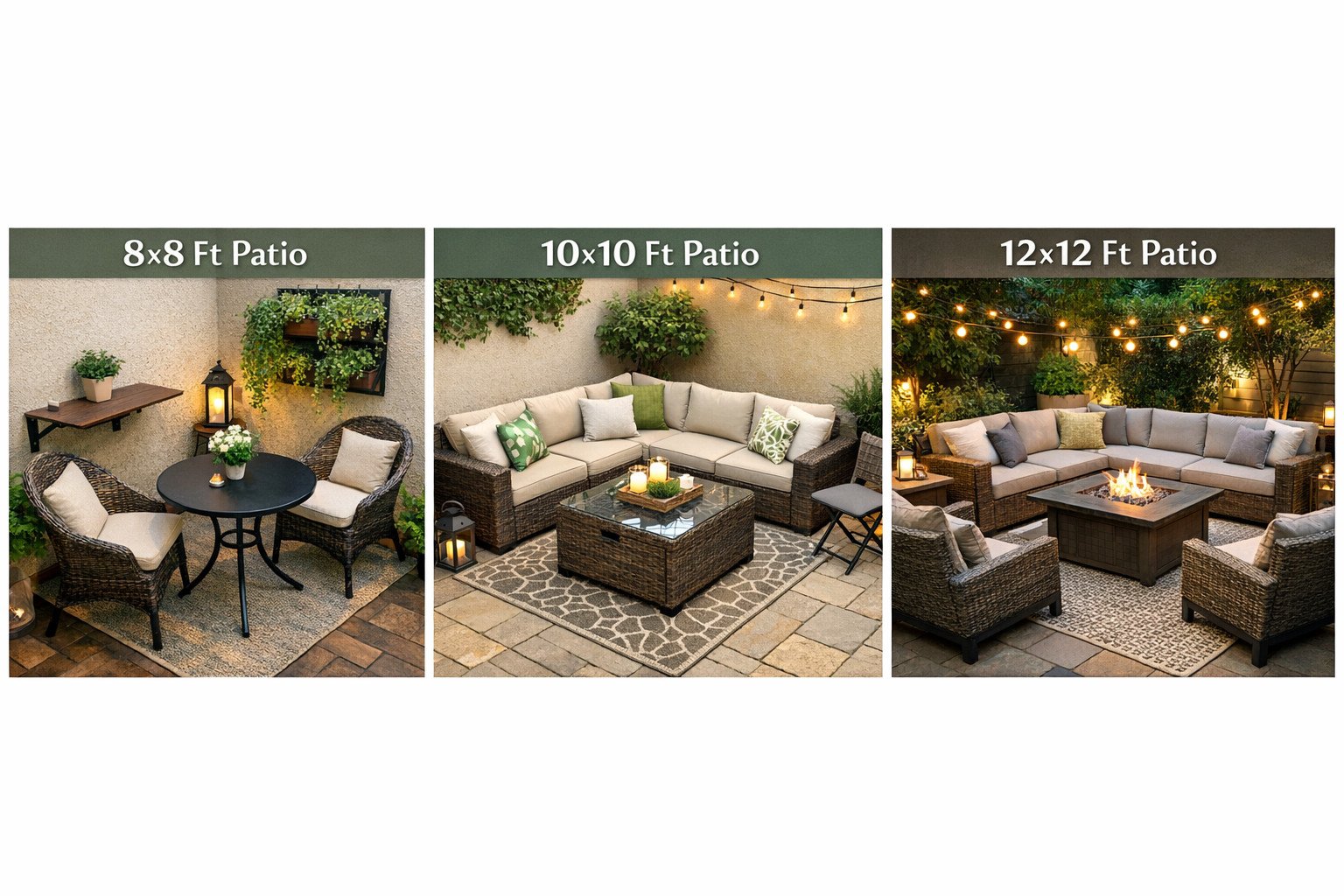 Rattan furniture layouts for small patios, showing different outdoor seating arrangements for various patio sizes.