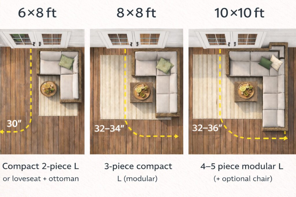 Top-view floorplan comparison of 6×8, 8×8 and 10×10 small patio sectional layouts showing door position and recommended walkway clearance.