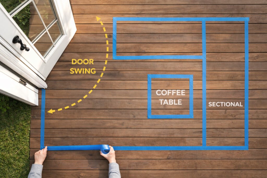 Top view of a small patio layout marked with painter’s tape, showing door swing clearance and sectional sofa placement before installation.