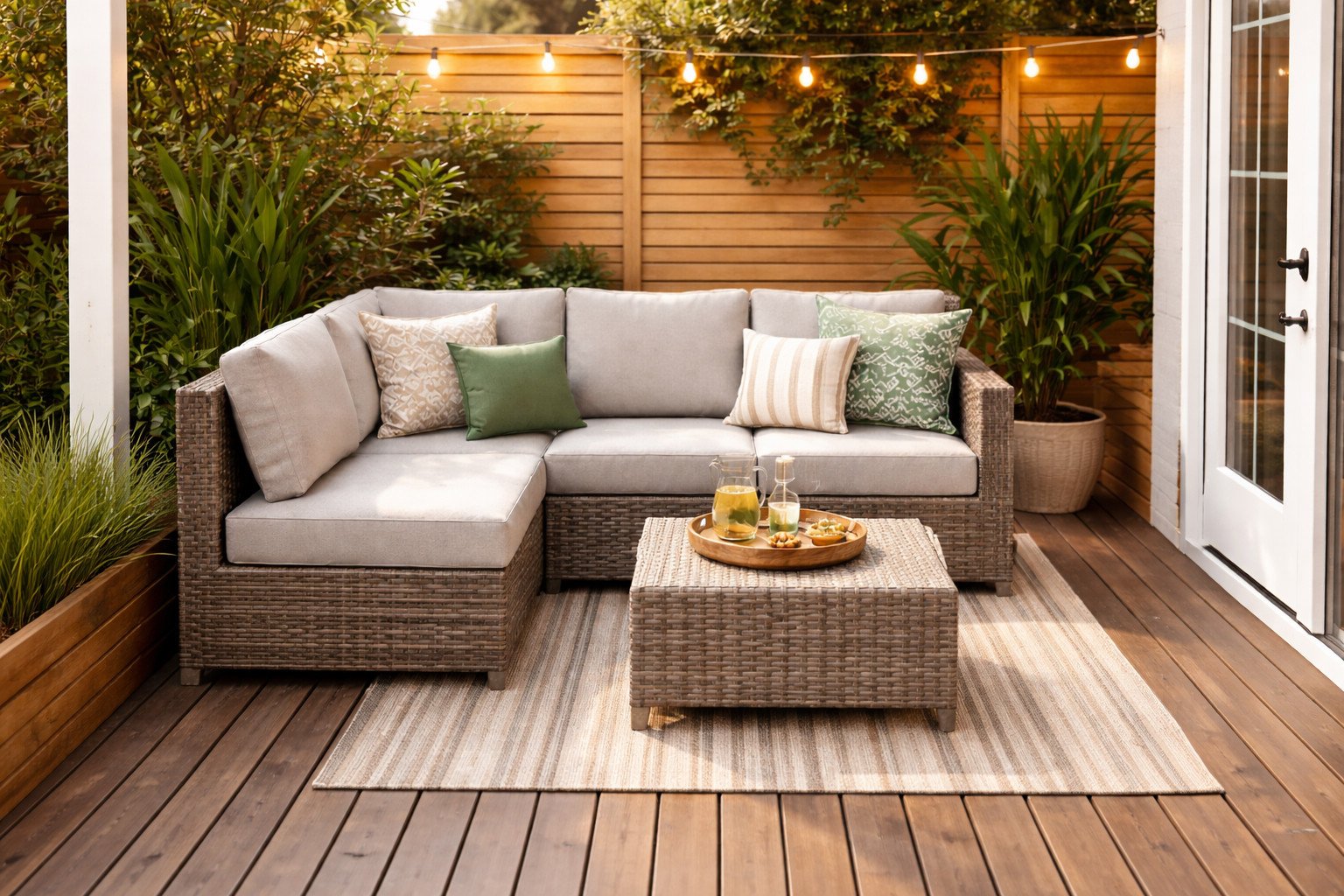 Small patio with a compact L-shaped rattan sectional sofa, outdoor rug and coffee table, designed with clear walkway space for an 8x8 layout.