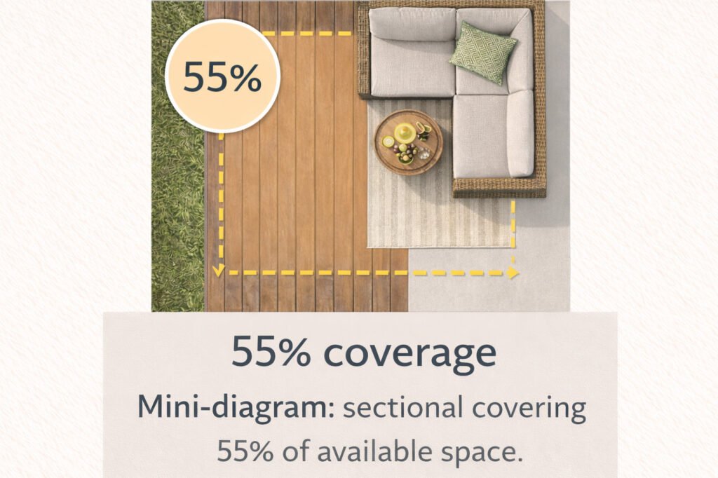 Mini floorplan diagram showing a rattan sectional covering 55% of a small patio to illustrate the recommended furniture coverage rule.