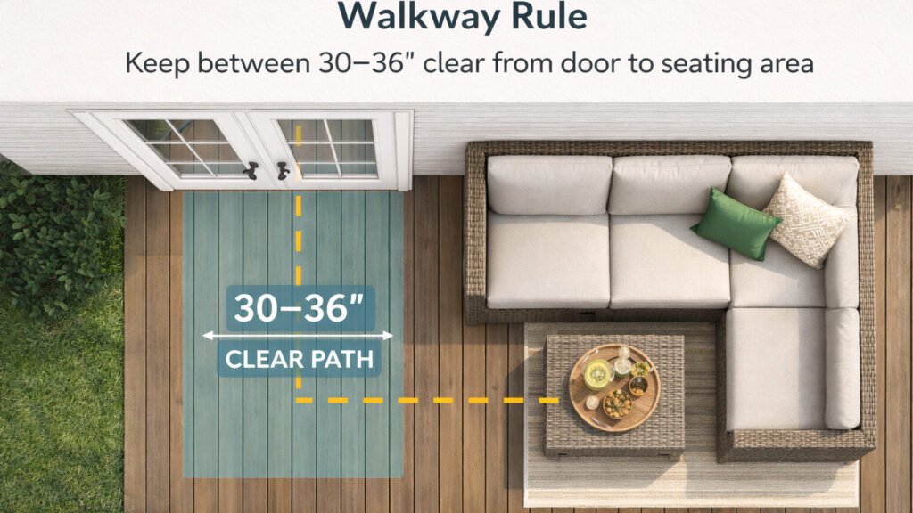 Top-view diagram of a small patio layout showing a 30–36 inch clear walkway from the door to an L-shaped rattan sectional sofa.