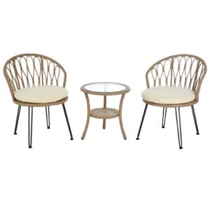 small patio set with 2 beige rattan single chairs and a glass top round table, perfect for small patios and balconies