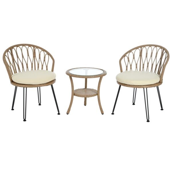 small patio set with 2 beige rattan single chairs and a glass top round table, perfect for small patios and balconies