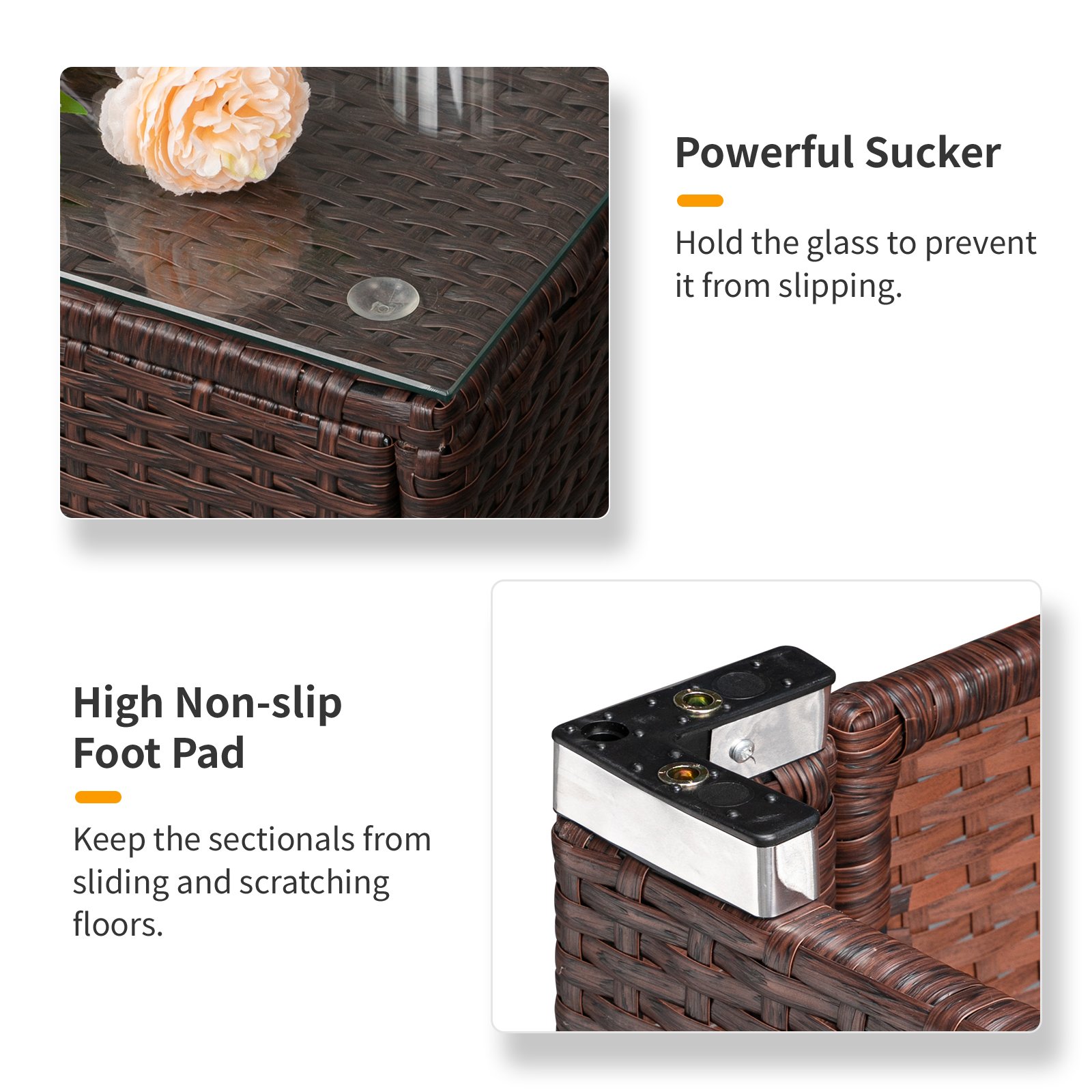 Outdoor wicker sectional with glass suction cups and non-slip foot pads for added stability