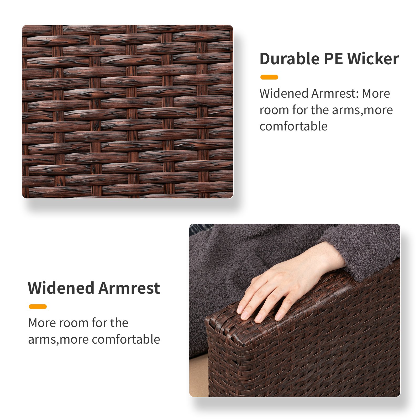 Wood grain wicker patio sectional with durable PE rattan and widened armrest design