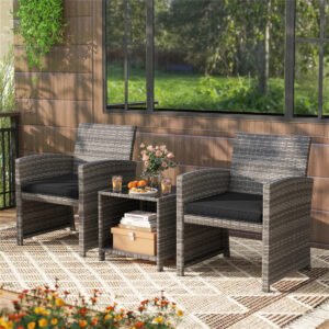 3-piece black cushion mix gray rattan patio bistro set on balcony with drinks, snacks, and magazines