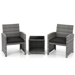 3-piece black cushion patio bistro set with 2 mix gray rattan chairs and 2-tier glass side table