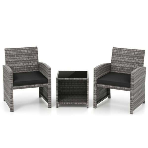 3-piece black cushion patio bistro set with 2 mix gray rattan chairs and 2-tier glass side table