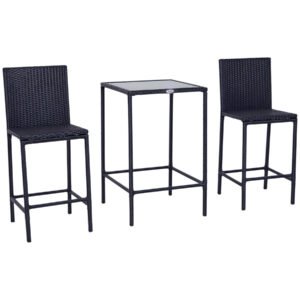 3-piece black rattan outdoor bar set with glass top table and 2 bar stools