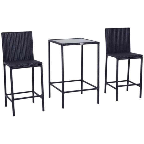 3-piece black rattan outdoor bar set with glass top table and 2 bar stools