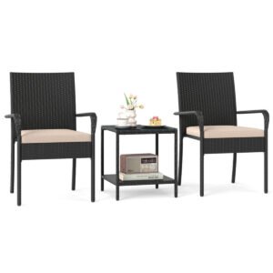 3-piece black rattan patio bistro set for 2 with beige cushions and 2-tier glass side table