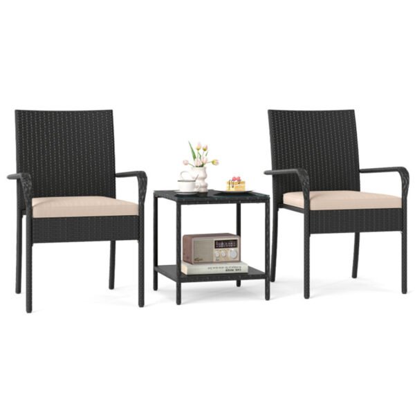3-piece black rattan patio bistro set for 2 with beige cushions and 2-tier glass side table
