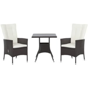 3-piece dark brown rattan patio bistro set for 2 with reclining wicker chairs and faux wood coffee table
