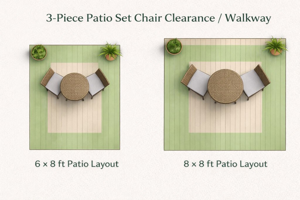 3-piece patio set layout comparison showing chair clearance and walkway space in 6x8 vs 8x8 patio