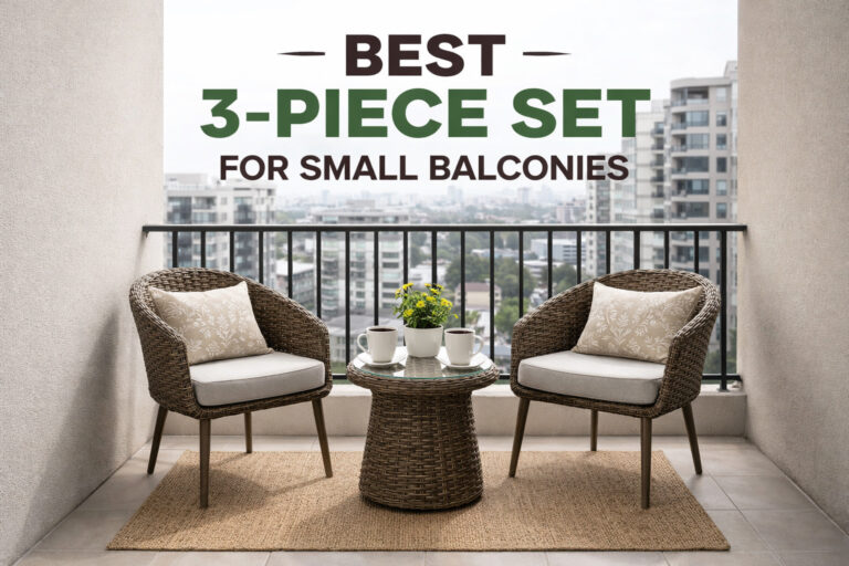 3-piece patio set with two chairs and a small table on a narrow apartment balcony