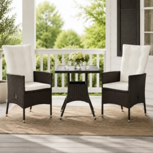 3-piece rattan patio bistro set for 2 people with reclining wicker chairs and faux wood coffee table in dark brown finish for outdoor use.