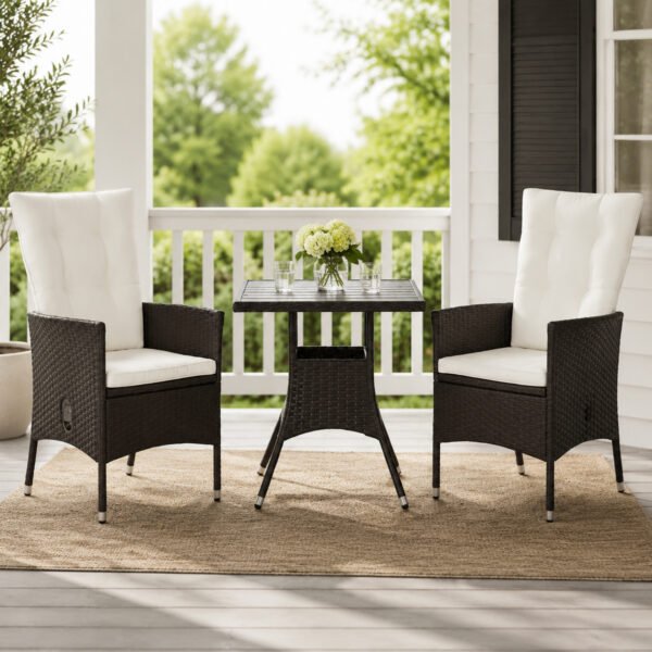 3-piece rattan patio bistro set for 2 people with reclining wicker chairs and faux wood coffee table in dark brown finish for outdoor use.