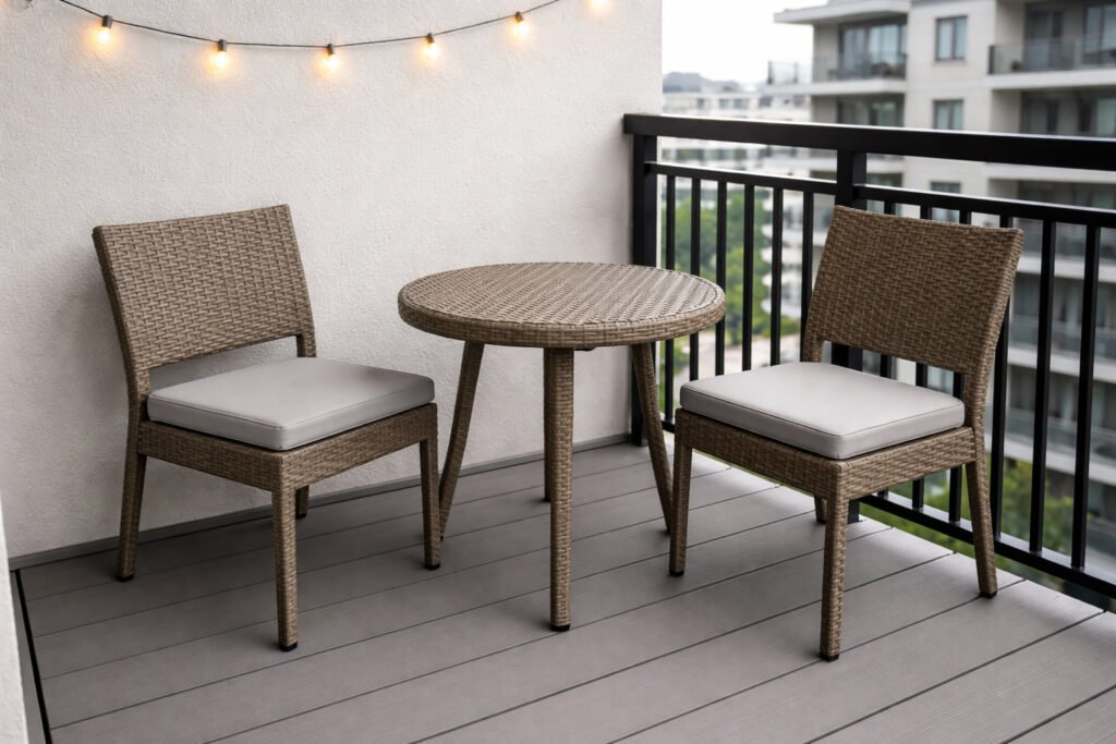 3-piece rattan patio set with slim chairs and round table on a small apartment balcony with wall string lights