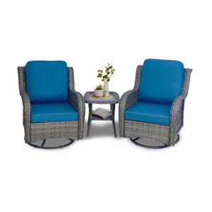 3-piece swivel rocker wicker patio set with glass top side table and blue cushions