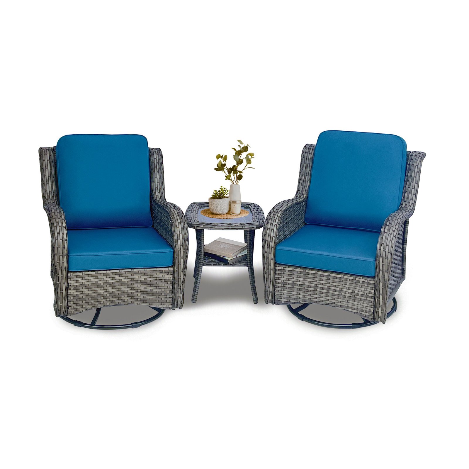 3-piece swivel rocker wicker patio set with glass top side table and blue cushions