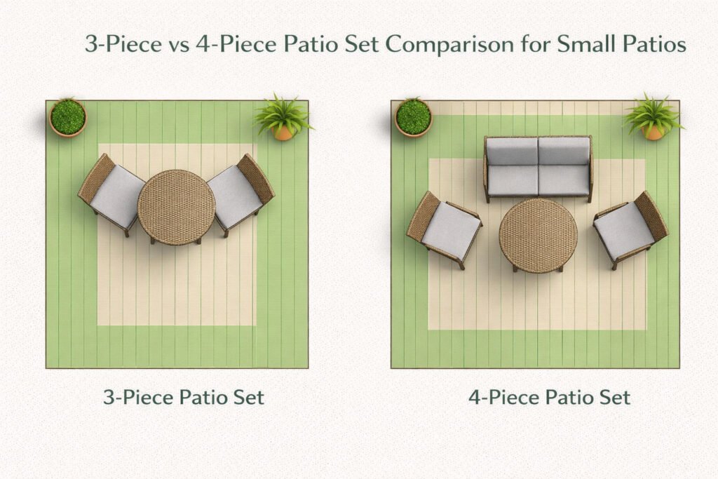 3-piece vs 4-piece patio set comparison showing space usage difference on a small patio