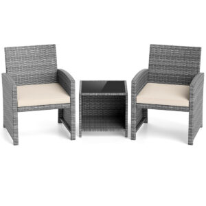 3-piece white cushion patio bistro set with2 mix gray rattan chairs and 2-tier glass side table