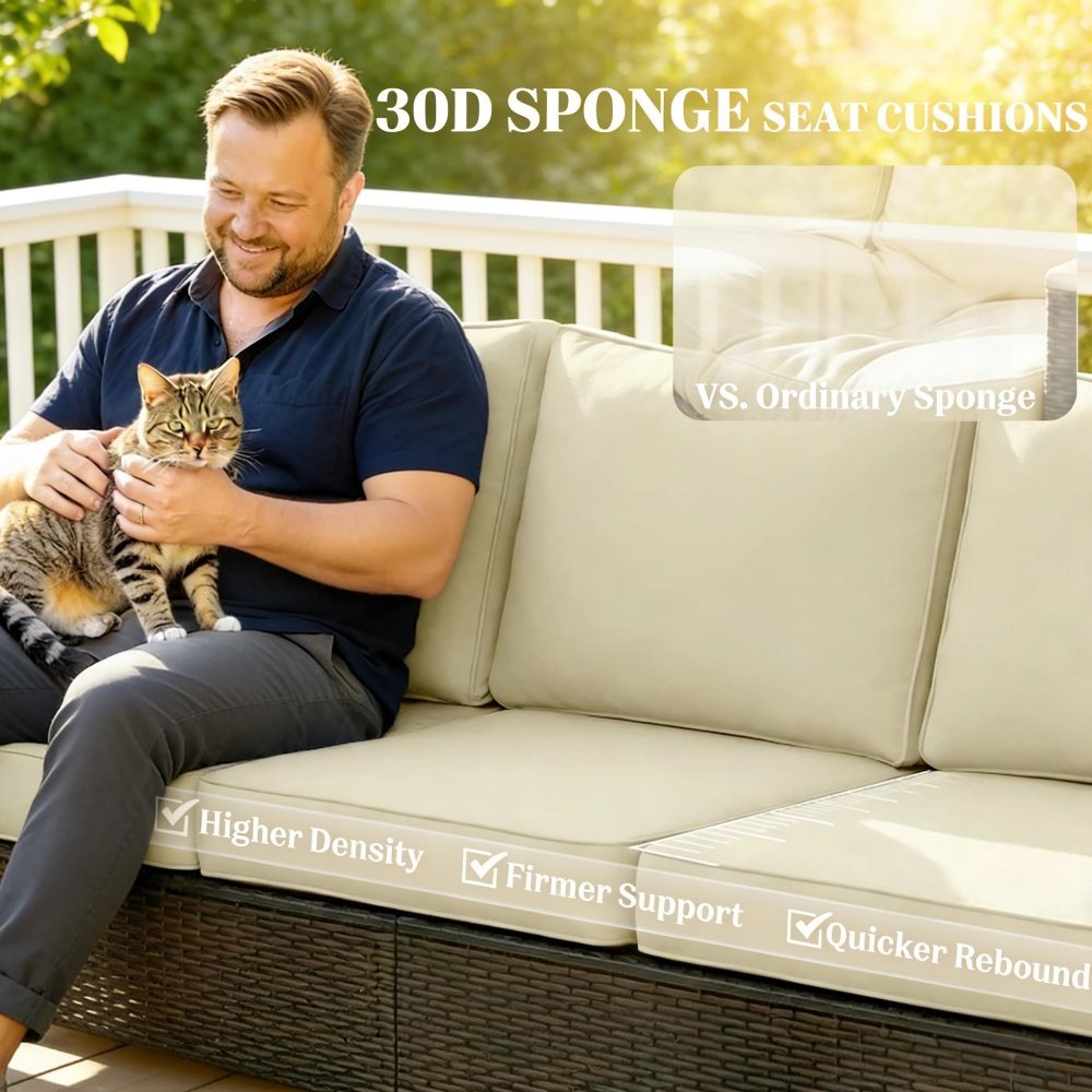 30D high density foam seat cushion detail of 3 seater brown wicker patio sofa with beige cushions