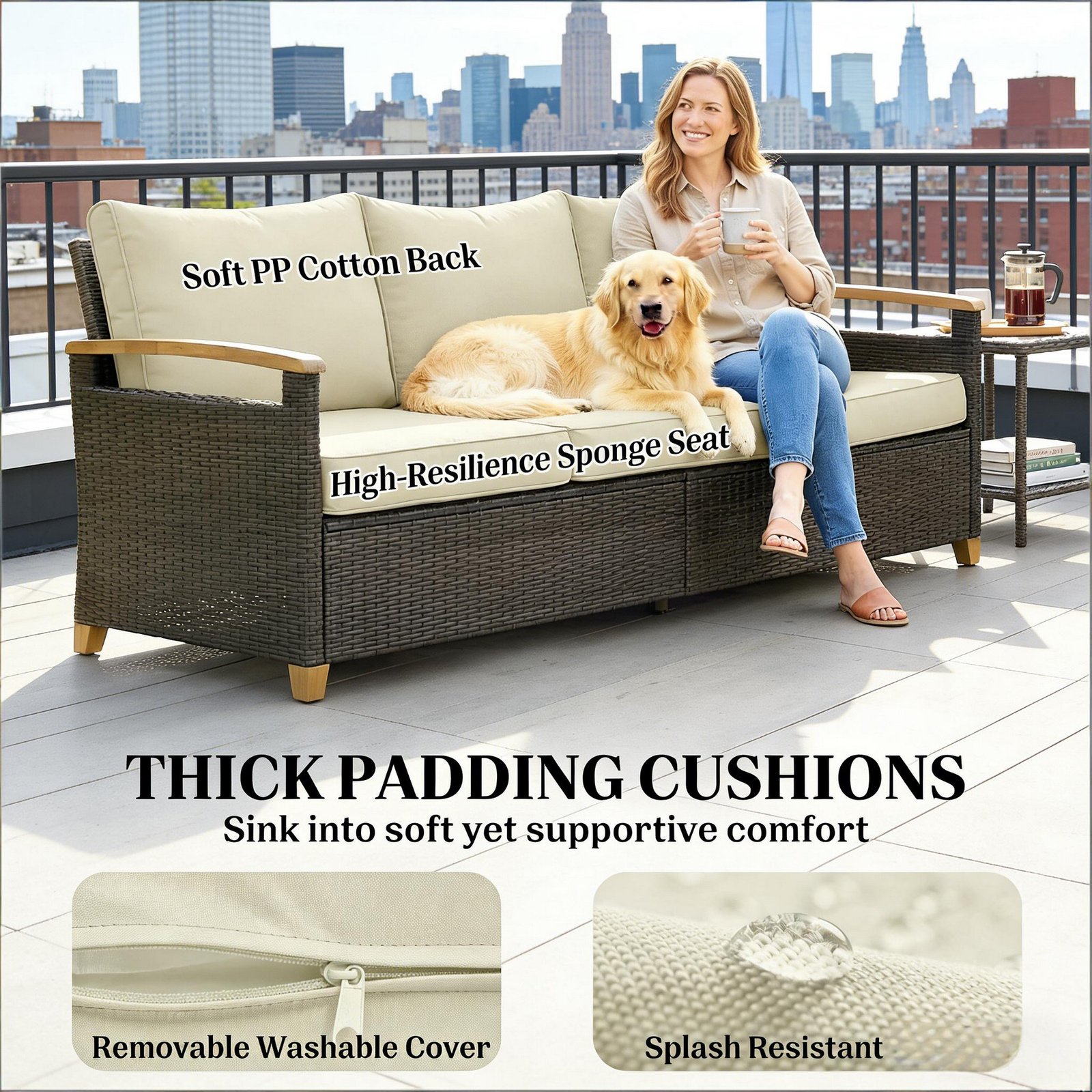 close-up of soft PP cotton back and high-resilience sponge seat cushions on 3-seater brown wicker patio sofa with removable washable covers