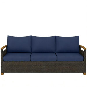 3-seater brown wicker patio sofa with dark blue cushions and wide deep seating for outdoor use
