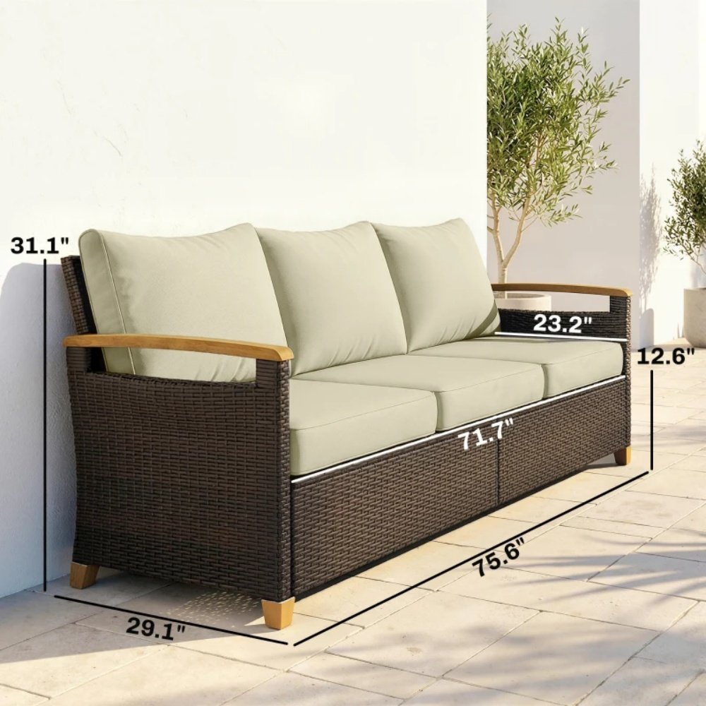 dimensions of 3 seater brown wicker patio sofa showing wide seating and seat depth