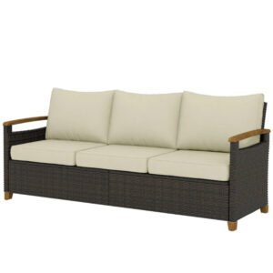 3-seater brown wicker patio sofa with beige cushions and wide deep seating for outdoor use