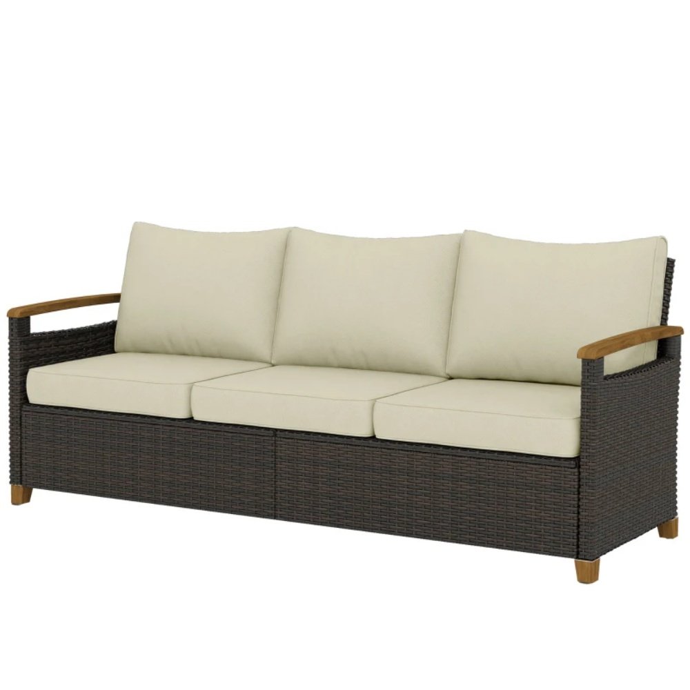 3-seater brown wicker patio sofa with beige cushions and wide deep seating for outdoor use
