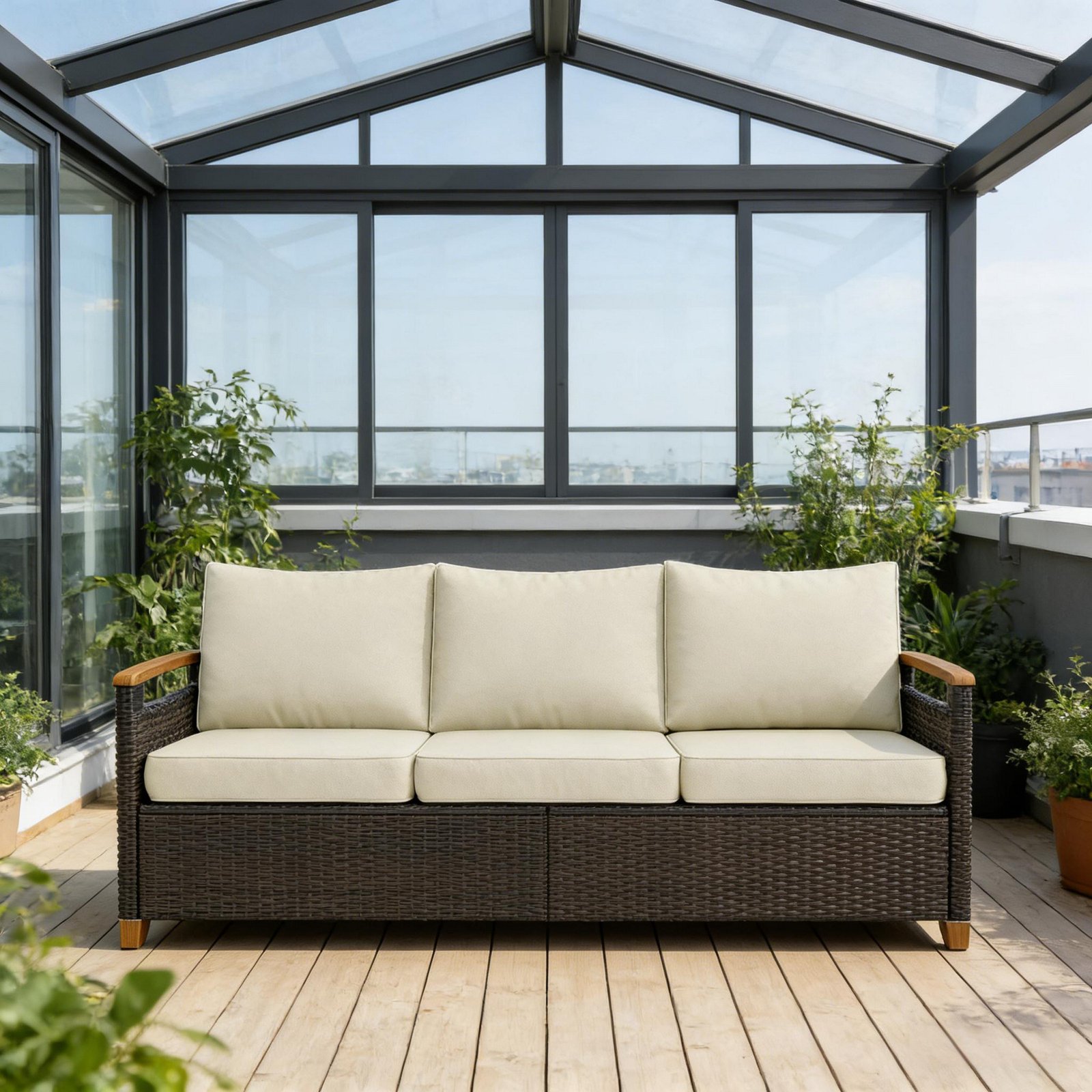 3-seater brown wicker patio sofa with beige cushions placed in a rooftop glass sunroom patio setting