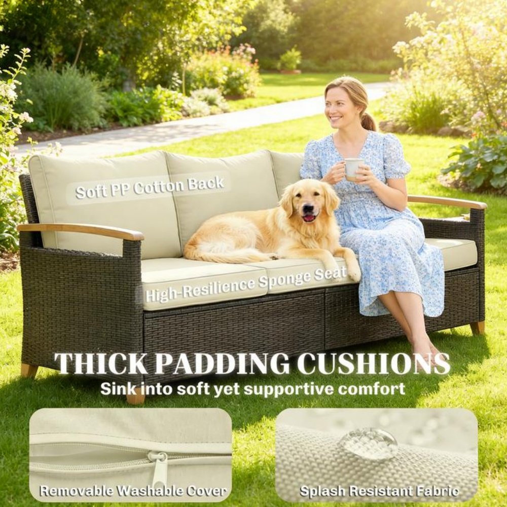 close-up of thick padded cushions with PP cotton back and high-resilience sponge seat on 3-seater brown wicker patio sofa