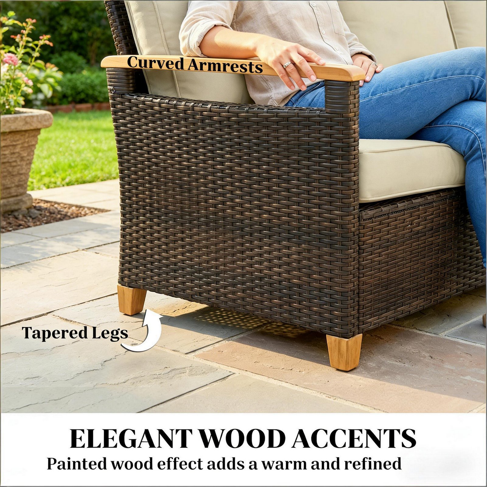 detail of tapered legs and curved armrests with wood effect on 3-seater brown wicker patio sofa